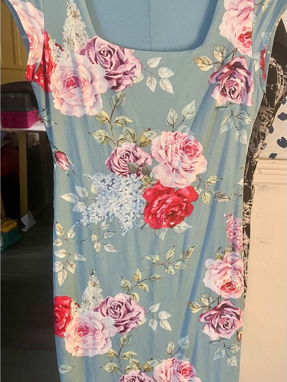 Joe & Elle Blue Floral Midi Dress with Pink, Purple & Red Roses